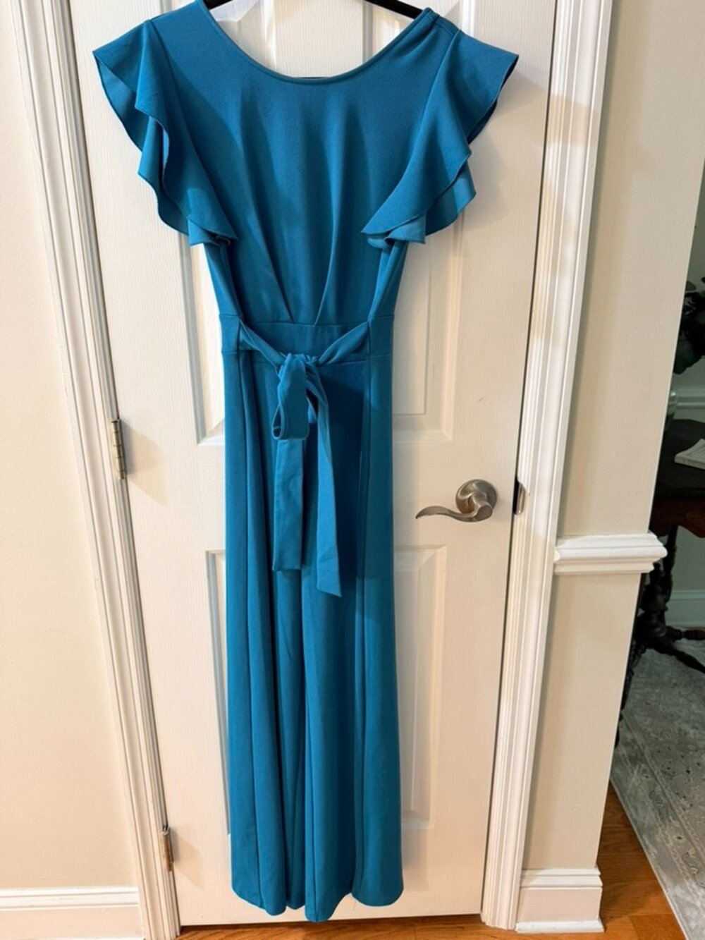 Teal Turquoise Wide Leg Jumpsuit Flutter Sleeve Tie Waist - Size M